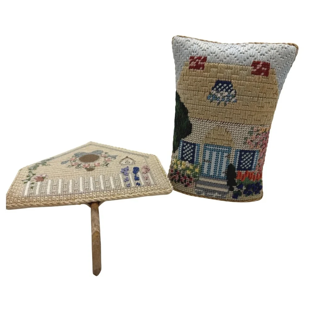 VTG‎ Needlepoint Cottage Pincushion and House plant pot Topper Handcrafted Folk
